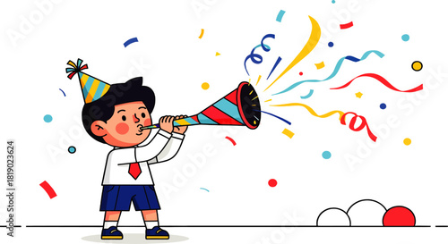 Cartoon boy wearing a party hat blows a horn with colorful confetti and streamers surrounding him, celebrating a special occasion.