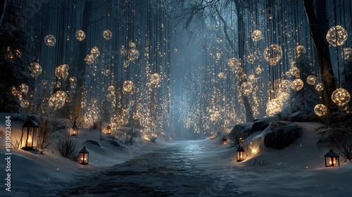 Wallpaper Mural Enchanted winter forest with glowing lights and lanterns on snowy path Torontodigital.ca