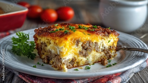 Savory sausage and cheese casserole garnished with fresh parsley on white plate