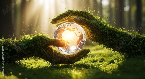 Whimsical and powerful image of two hands, formed by intertwined green vines and leaves, gently cradling a glowing, transparent glass Earth globe against a backdrop of sunlit forest and moss