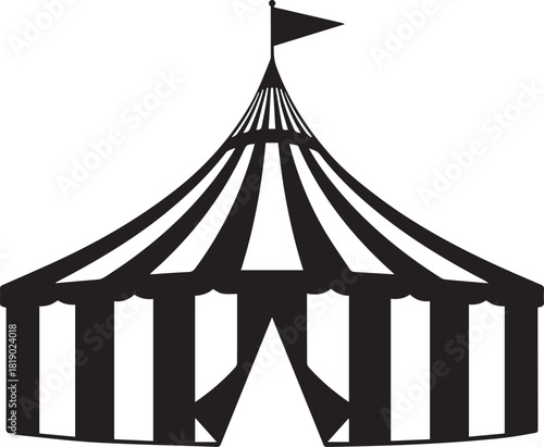 Striking black and white silhouette of a classic circus tent with striped canvas and a flag on top evoking nostalgia and entertainment