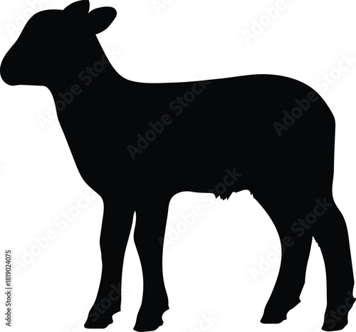 A stark black silhouette of a young lamb standing gracefully on a clean white background showcasing its gentle form and innocent profile
