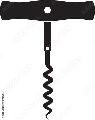 Classic t shaped corkscrew silhouette with a metal spiral worm for opening wine bottles and other beverages in a clean isolated graphic