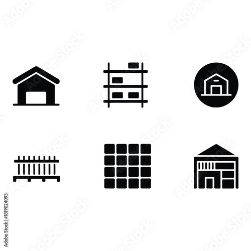 Collection of black and white silhouette icons representing buildings and structures