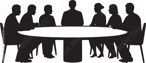 Business Meeting Silhouette Vector – Team Around Round Table, Boardroom Discussion