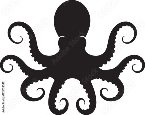 Stylized black silhouette of an octopus with eight curled tentacles against a white background minimalist ocean creature graphic