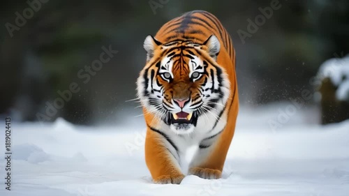 Powerful Tiger Sprinting Through Fresh Snow in Winter Forest