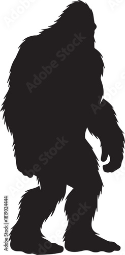 Silhouette of a large hairy bipedal creature known as bigfoot or sasquatch walking in profile against a white background