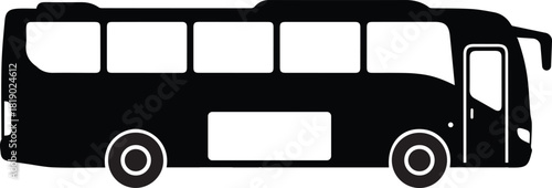 Silhouette of a modern passenger bus with large windows and multiple doors isolated on a white background representing travel and transportation