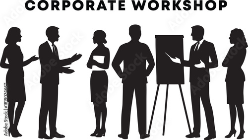 Corporate Workshop Group Silhouette. Business Team Training, Seminar Presentation, and Professional Meeting Concept Vector Illustration.