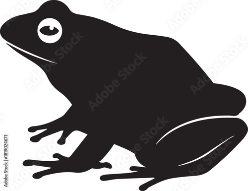 A striking black silhouette of a frog with detailed limbs and large eyes isolated on a white background symbolizing nature and amphibians