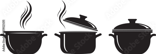 Three black silhouette cooking pots with steam rising from two of them against a white background representing hot food preparation