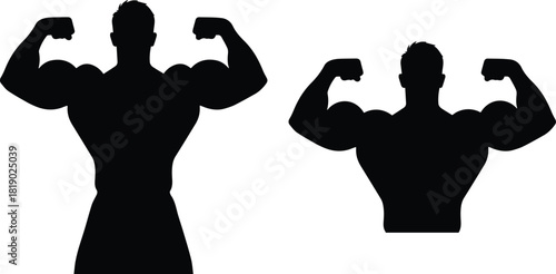 Two silhouettes of muscular bodybuilders flexing biceps demonstrating strength and athletic physique on a white background