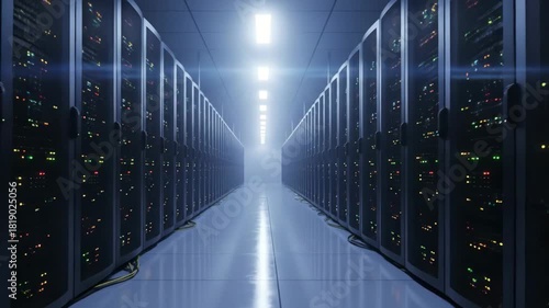 Modern Server Room with Endless Rows of Flashing Racks