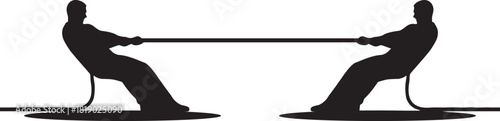 Silhouette of two teams in a dramatic tug of war competition pulling a rope with all their might against a white background