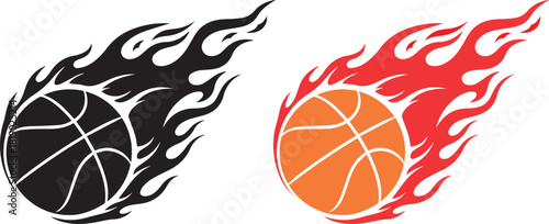Dynamic illustration of a basketball on fire with fiery flames in black silhouette and vibrant orange red colors