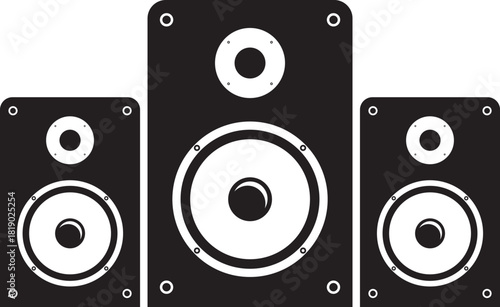 Modern black stereo speaker system with two smaller satellite speakers and one larger center speaker on white background