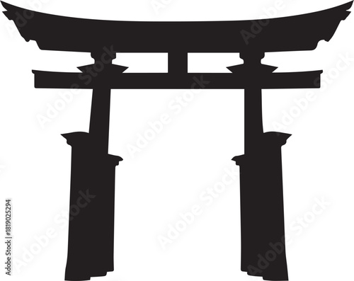 Iconic silhouette of a traditional japanese torii gate standing tall against a white background symbolizing entrance to sacred space