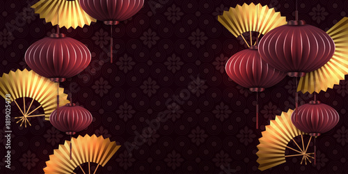 Chinese New Year.2026.Exquisite dark red greeting card with golden fans.