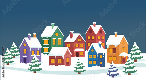 A flat vector illustration of a cozy snow-covered christmas village, featuring decorated houses, festive trees, and a peaceful winter scene, perfect for holiday designs
