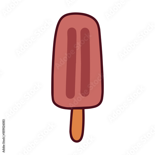 A bright red fruit ice cream pop on a wooden stick. A refreshing frozen juice dessert or ice lolly perfect for cooling down during the summer heat.