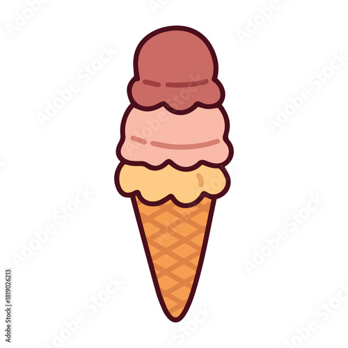 An ice cream cone featuring three stacked scoops of different flavors: vanilla, strawberry, and chocolate. A delicious layered frozen dessert for a sweet summer treat.
