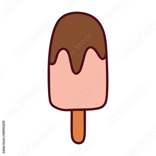 A pink, milk-based ice cream bar on a stick, partially dipped in a chocolate coating. A sweet and refreshing glazed frozen dairy treat for a hot summer day.