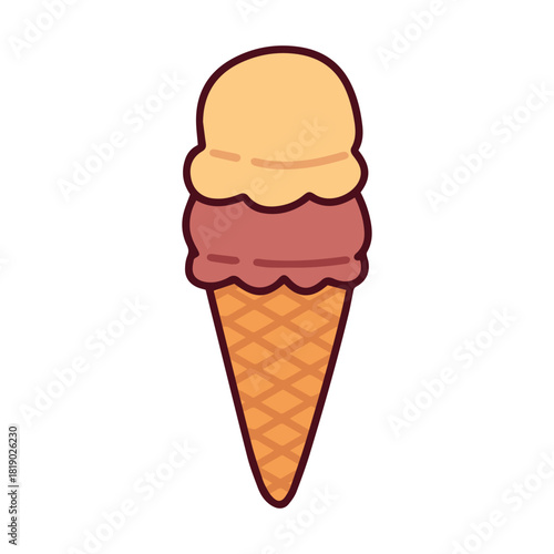An ice cream cone with two scoops of different flavors: vanilla and strawberry or similar colors. A double-scoop, sweet, and refreshing frozen dessert for summer.