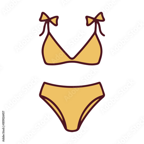 A bright yellow two-piece bikini swimsuit featuring cute bows on the shoulder straps. A playful and sunny beachwear set, perfect for tanning, swimming, and relaxing by the ocean.
