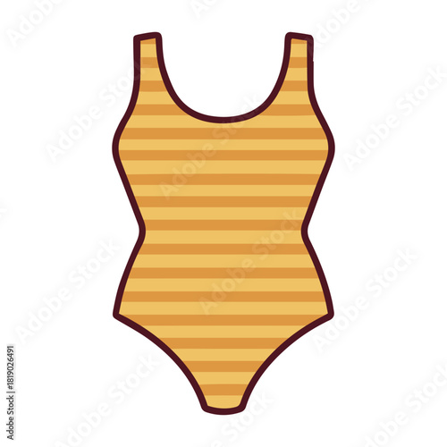 A bright yellow one-piece swimsuit with horizontal orange stripes. A cheerful and classic striped bathing suit designed for swimming, water sports, and enjoying sunny beach days.