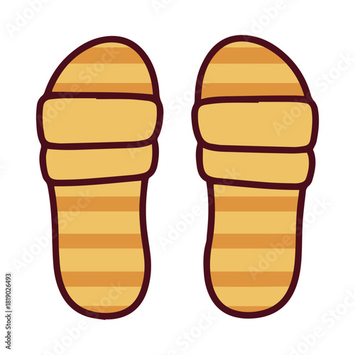 Yellow slide sandals featuring horizontal orange stripes on the wide strap. Comfortable slip-on footwear perfect for the poolside, beach showers, or casual summer walks during vacation.