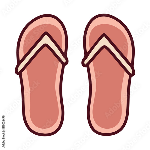 A pair of classic red flip-flops with a simple thong strap. Essential rubber summer footwear for walking on hot sand, visiting the swimming pool, or relaxing at a hotel spa.
