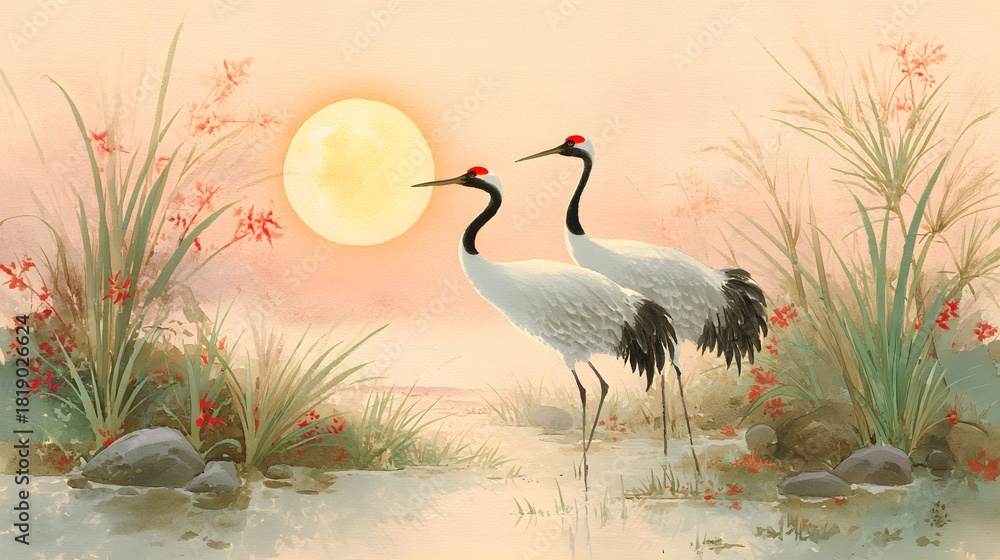 Obraz premium Serene Crane Illustration with Rising Sun in a Watercolor Style Painting