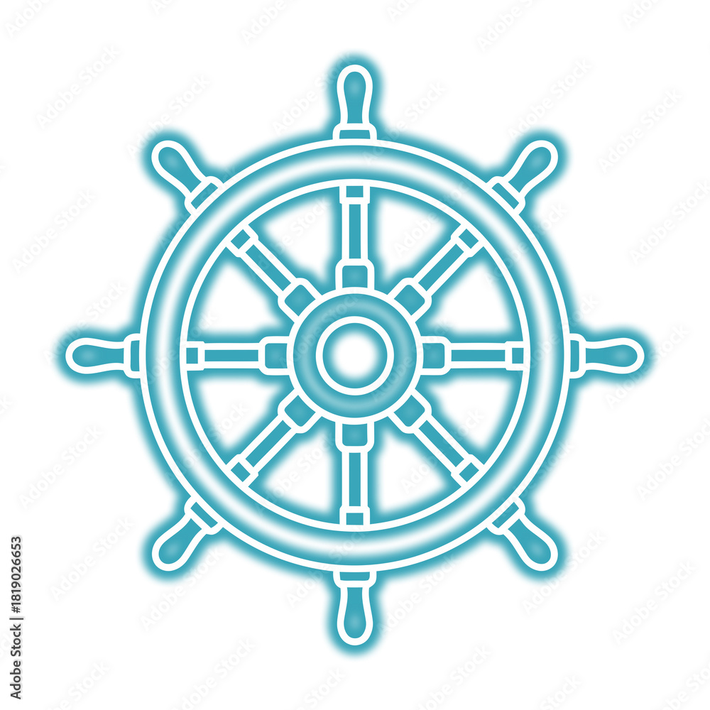 Obraz premium A stylized, outlined ship's wheel with a bright, glowing blue effect, isolated on a white background.