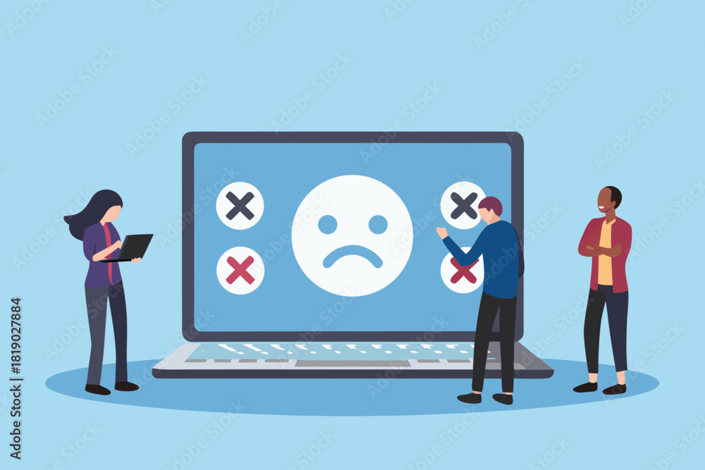 Fototapeta premium Customer feedback on laptop with unhappy face and cross marks illustration