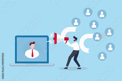 Online marketing campaign with laptop and speaker reaching target audience