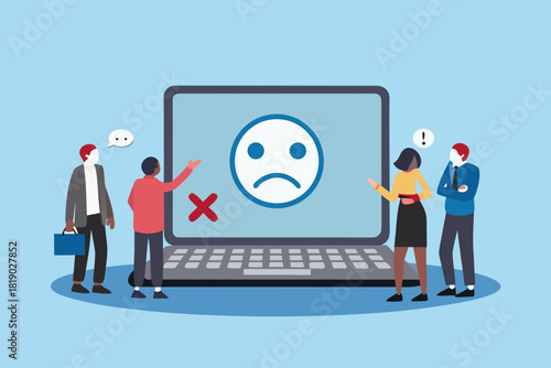 Team discussing poor performance on laptop with sad face icon