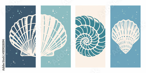 Abstract seashells and nautilus illustration in blue and beige tones