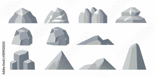 Collection of cartoon rock and mountain formations on white background