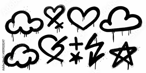 Black graffiti style symbols with drips on white background