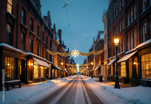 Snowy Street with Brick Buildings and Holiday Decorations
