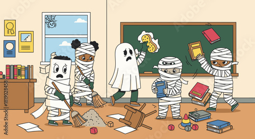 Classroom Halloween Party with Children Dressed as Monsters.