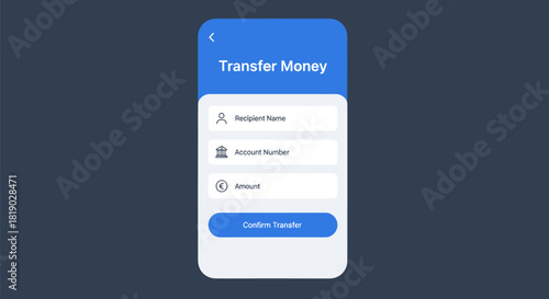 Mobile App Interface for Money Transfer with Recipient Details and Action Button.