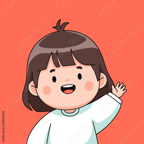 Cartoon girl with bob haircut waving hello with a cheerful expression.