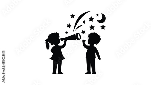 Flat vector illustration of two children silhouettes representing friendship childhood and playful interaction in a simple modern graphic style