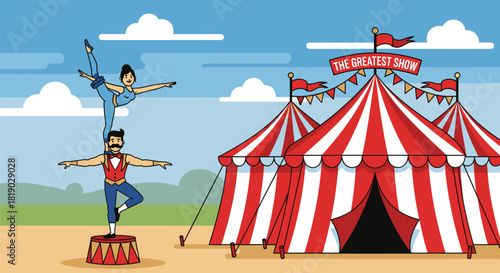 Circus Acrobats Performing Near a Red and White Striped Tent.