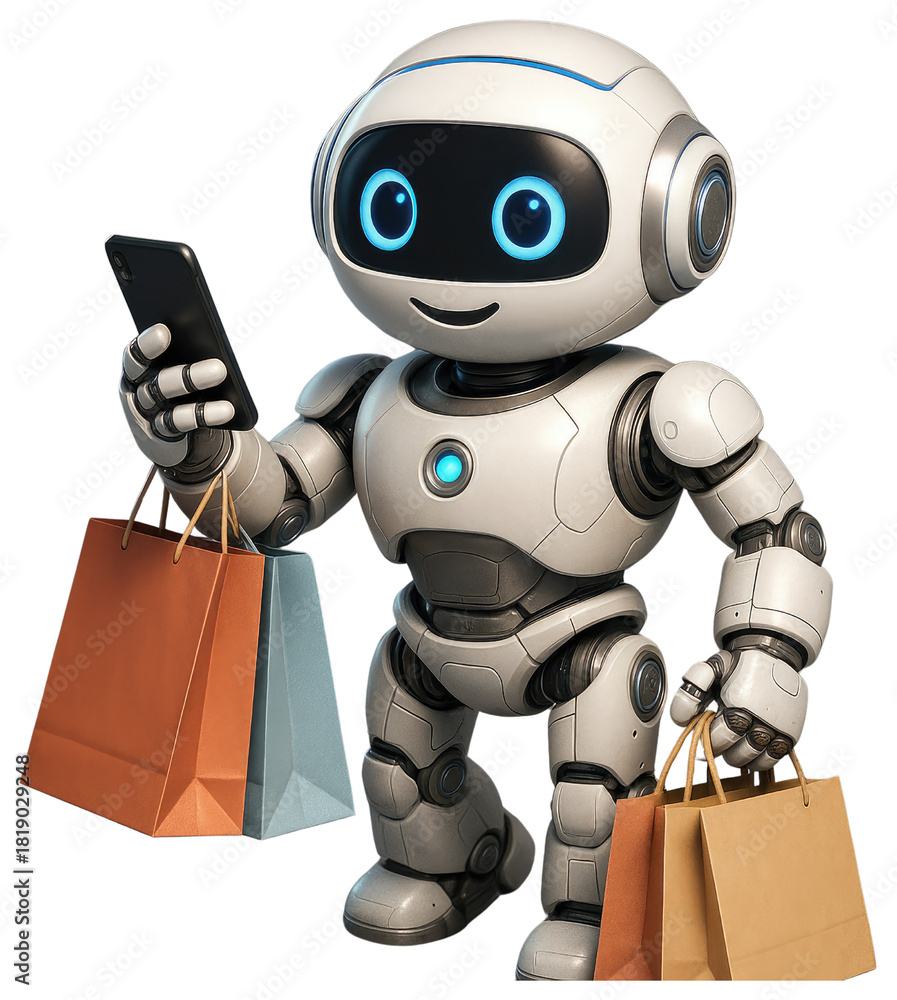Naklejka premium Friendly Robot Holding Shopping Bags And Smartphone android artificial intelligence isolated on a transparent background