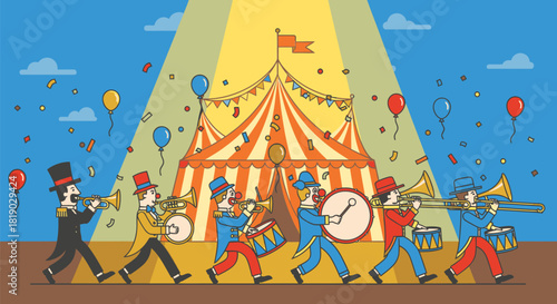 Circus Parade Musicians Marching Before Big Top Tent.