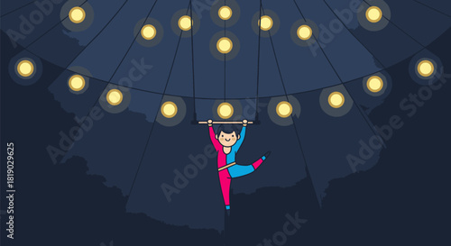 Acrobat Performing on Trapeze Under Lights in a Circus.