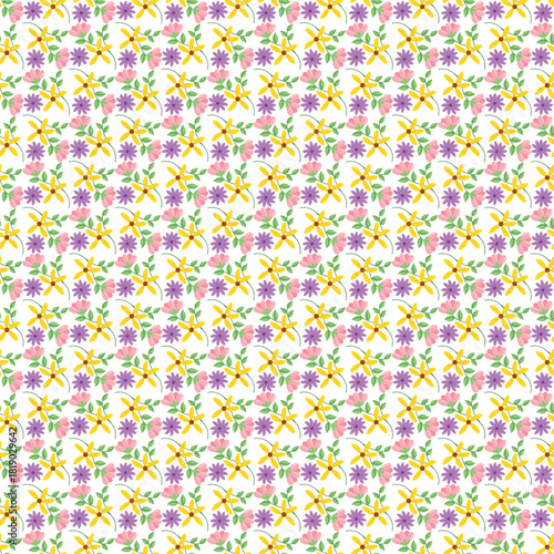 Bright Floral Pattern With Yellow Star-Like Flowers, Purple And Pink Blossoms On White Background